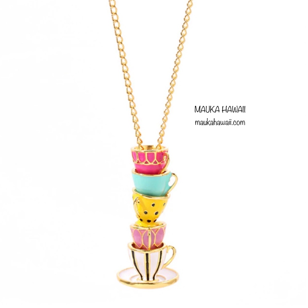 Enamel Pastel Stacked Teacups Tea Cup Pendant Necklace w 18 in Chain New!